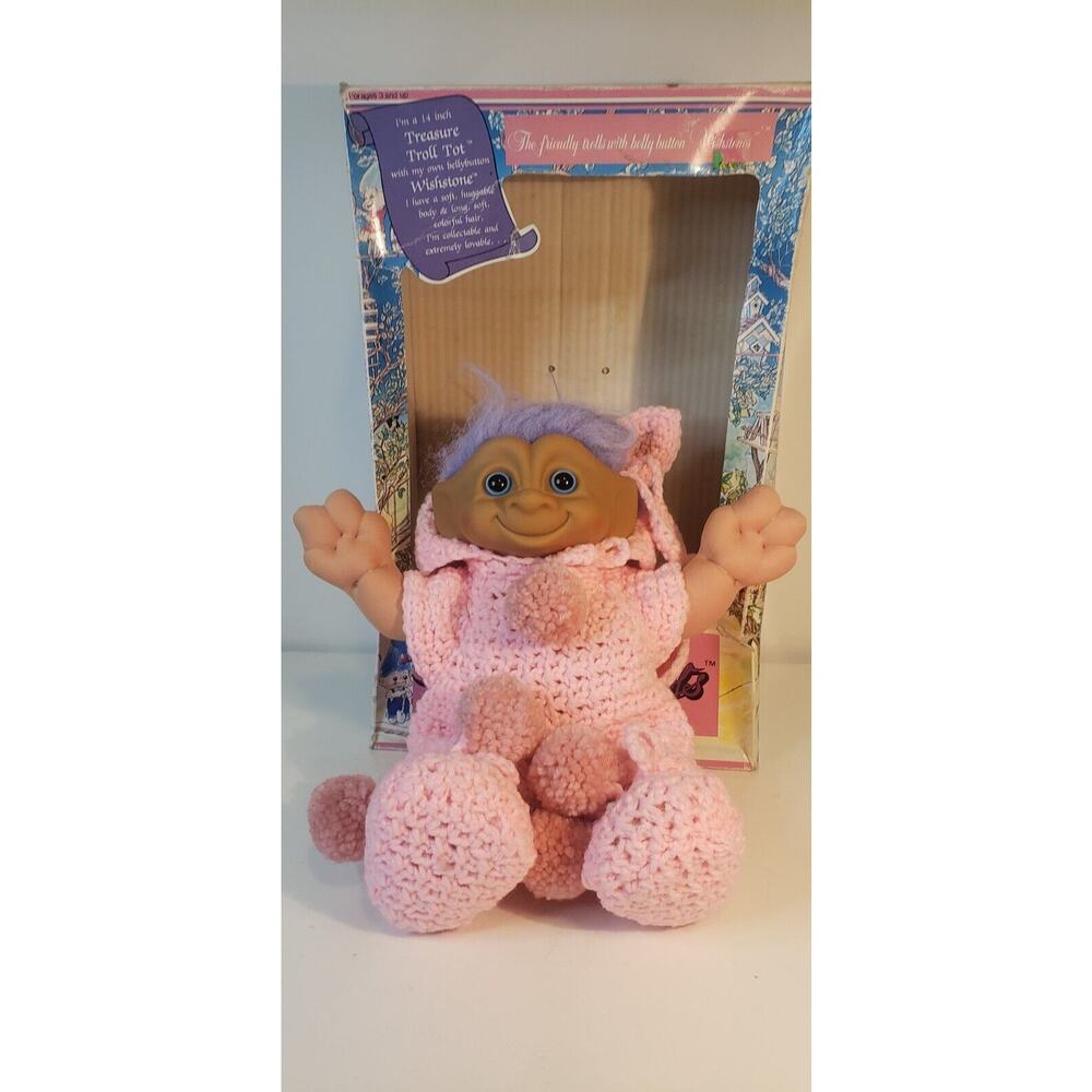 1991 Treasure Troll Tot 14" Doll Bellybutton Wishstone Pink Pig Outfit Vintage